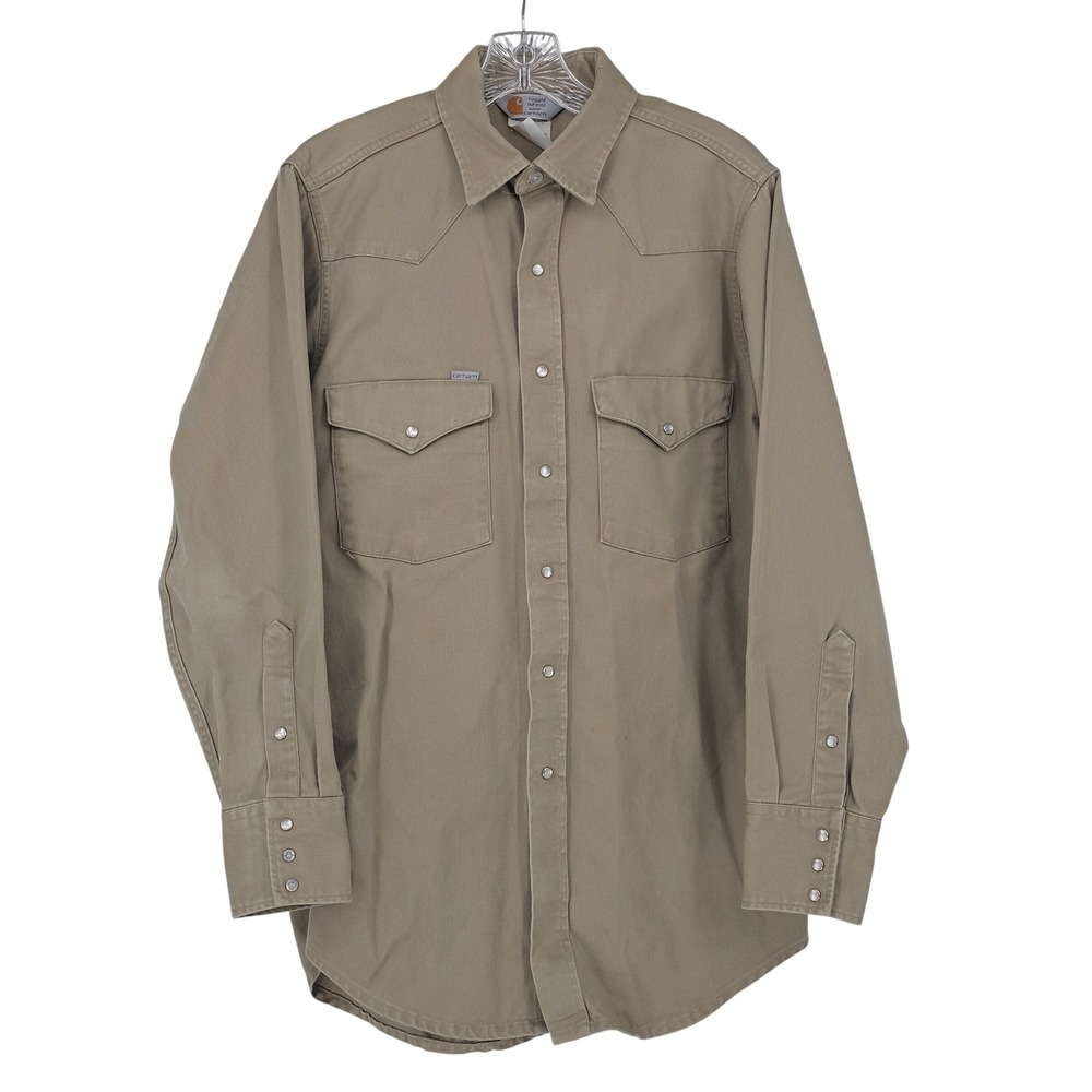 Vintage 90s Carhartt Western Pearl Snap Shirt 16-34 Khaki Rugged Workwear USA